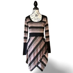 🇨🇦 Joseph Ribkoff Black and Beige Striped Handkerchief Hem Dress – Size 8
